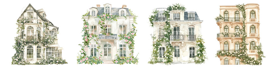 Fototapeta premium PNG Charming floral-adorned vintage buildings, element set on transparent background