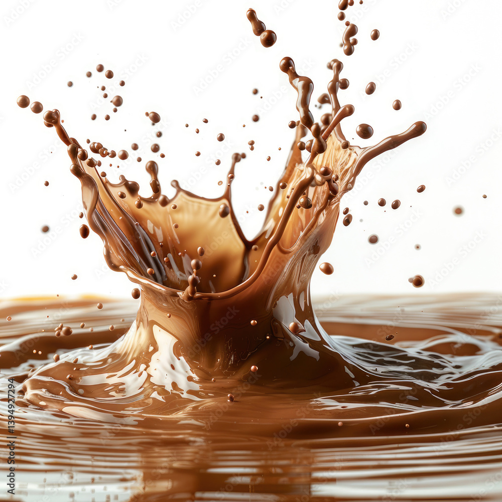 Poster dynamic splash effect of chocolate milk in speed photography on a plain white background captured in