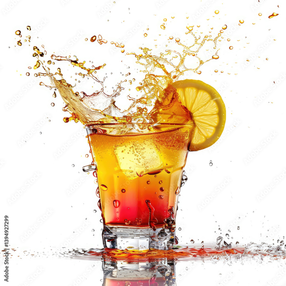 Poster dynamic splash effect of cocktail photography on plain white background -speed capture minimalist st