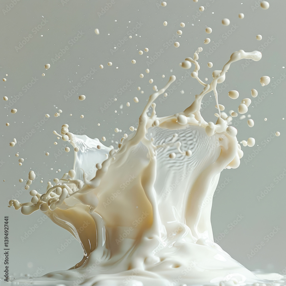 Poster dynamic splash effect of milk in speed photography on a plain white background for artistic and scie