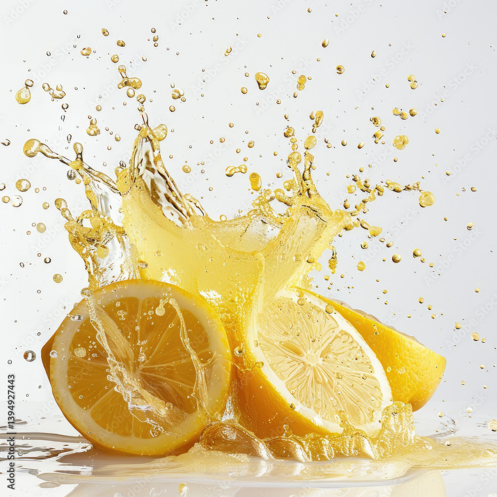 Poster dynamic splash effect of lemonade captured through speed photography on a plain white background