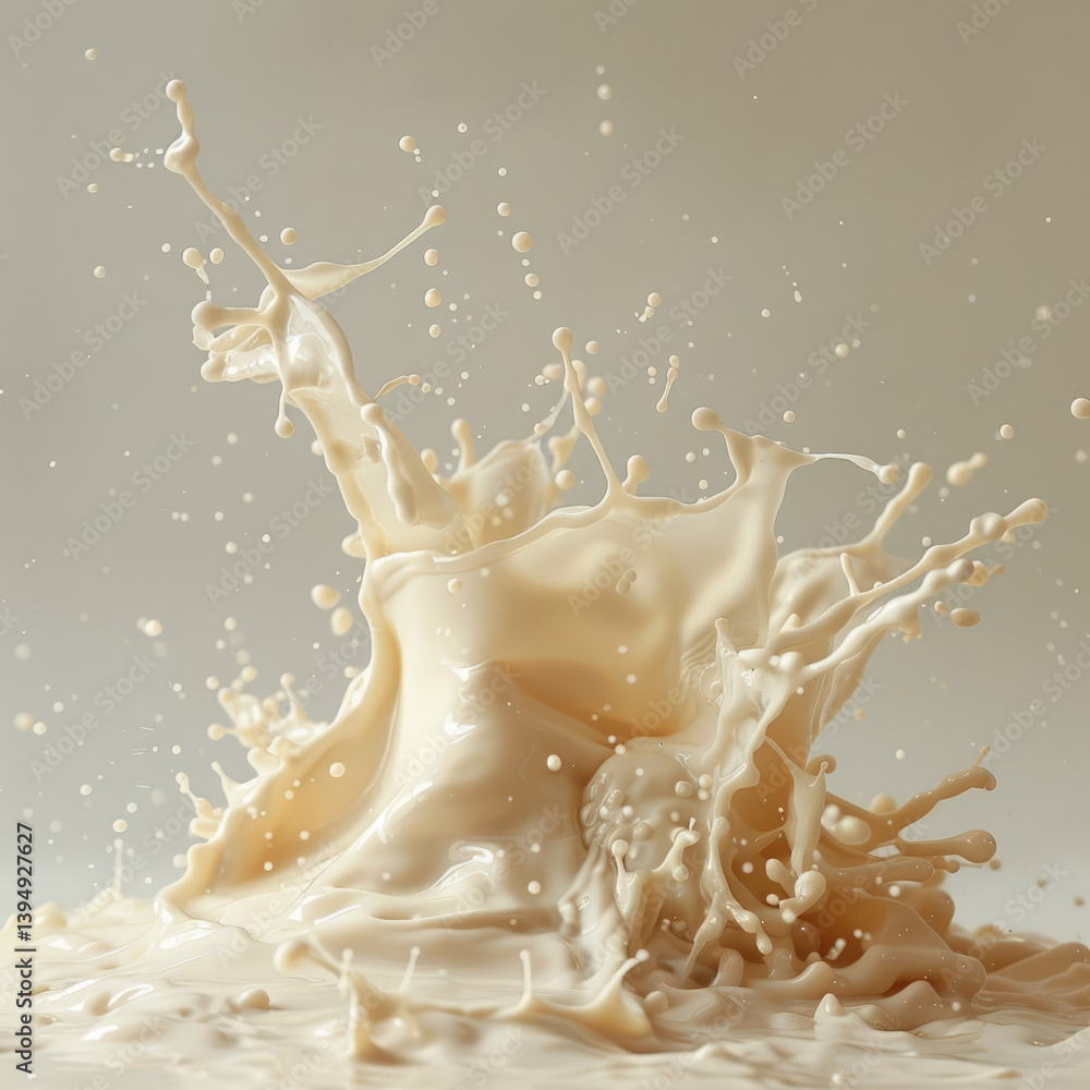 Poster dynamic splash effect of soy milk photography on plain white background captured in -speed action mi