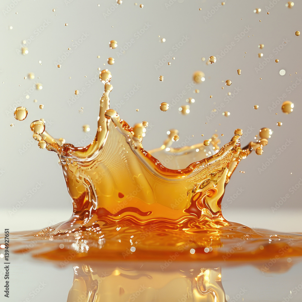 Poster dynamic splash effect of syrup captured in -speed photography on plain white background showcasing v