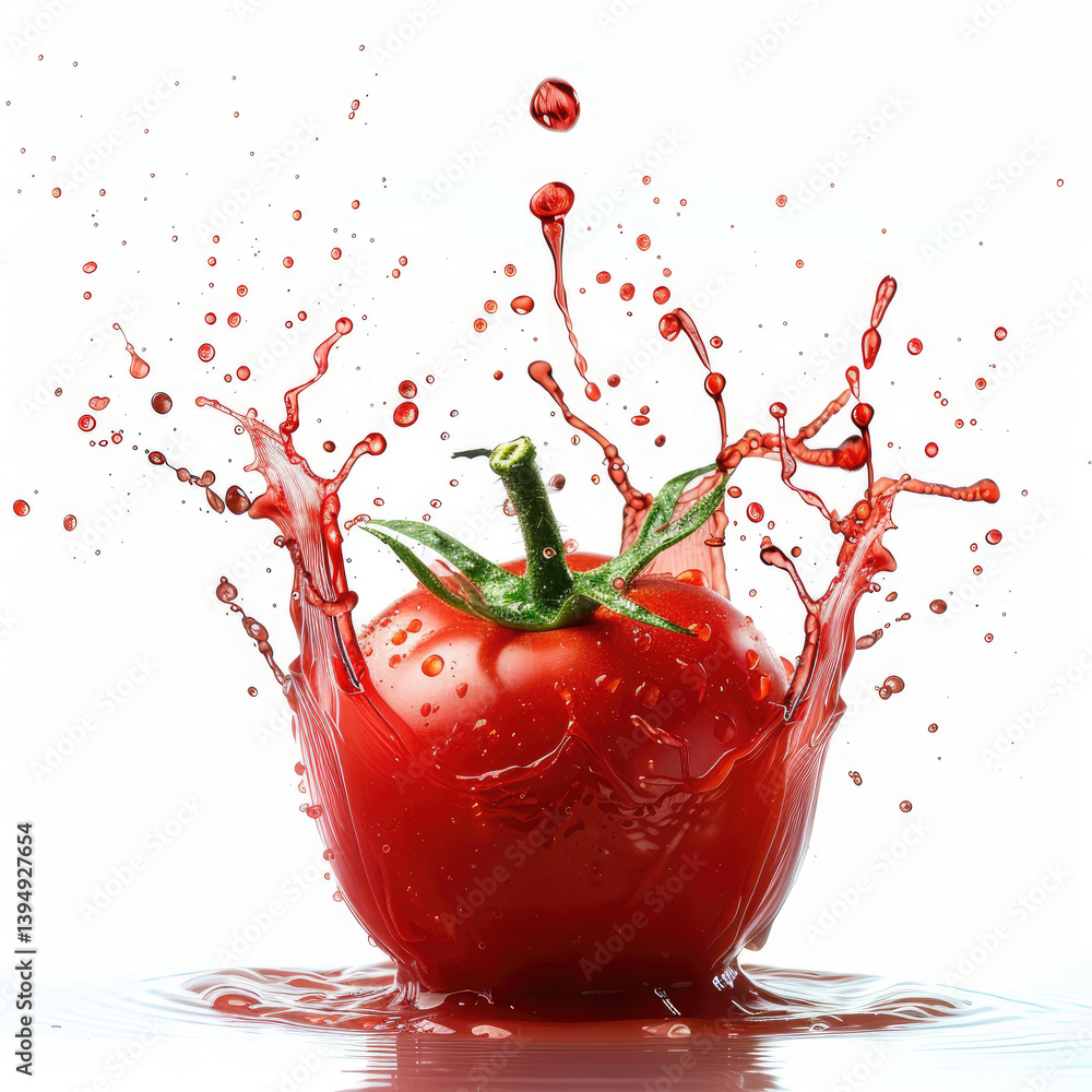 Poster dynamic splash effect of tomato juice captured in speed photography on a plain white background -imp