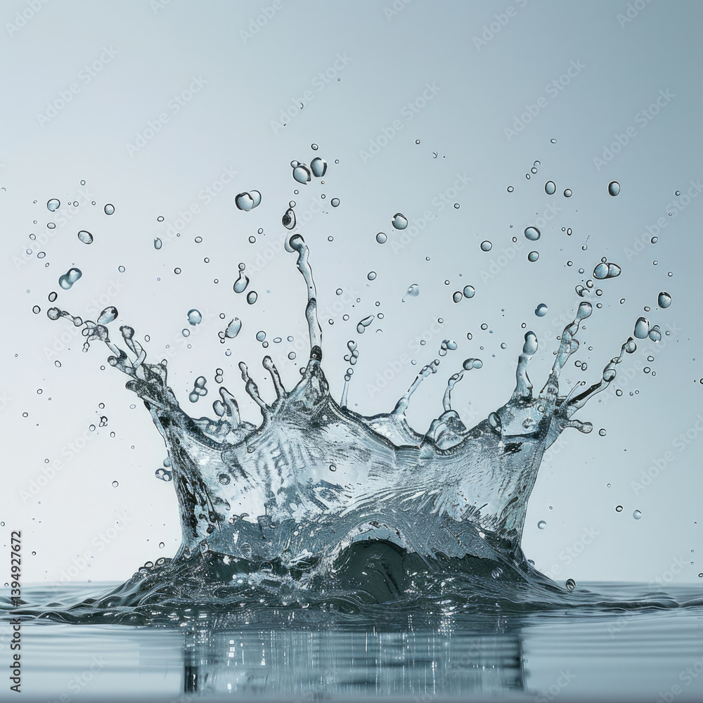 Poster dynamic splash effect of water in speed photography against a plain white background capturing fluid