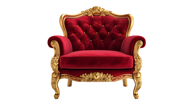 Opulent red velvet armchair with gold trim, classic royal style,