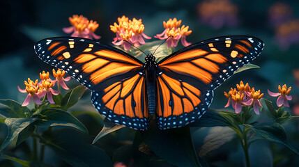 Fototapeta premium Photography highlighting the vivid orange and black patterns of a monarch butterfly, its wings spread wide as it rests on a milkweed plant.