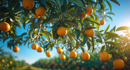Sunlit orange orchard at dawn