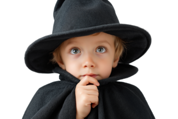 adorable little boy dressed in witch costume looking up with thoughtful expression isolated on transparent white background