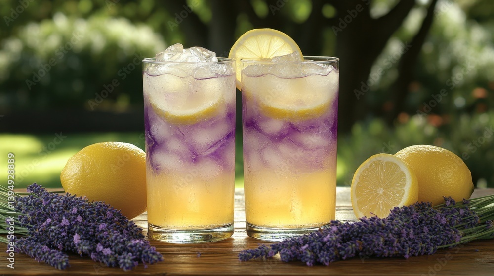 Poster refreshing lavender lemonade with ice cubes and lemon slice on wooden table in garden setting for su