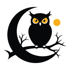 Fototapeta premium Silhouetted Owl On Crescent Moon Branch Under Starry Night Sky