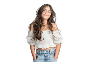 Obraz premium Smiling and content beautiful girl posing with her hands in pockets isolated on transparent white background