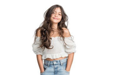 Smiling and content beautiful girl posing with her hands in pockets isolated on transparent white background