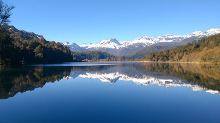 Tranquil Waterscape: A serene panorama unfolds, where the glassy surface of a mountain lake perfectly mirrors the snow-capped peaks above, framed by verdant forests under a brilliant, cloudless sky.