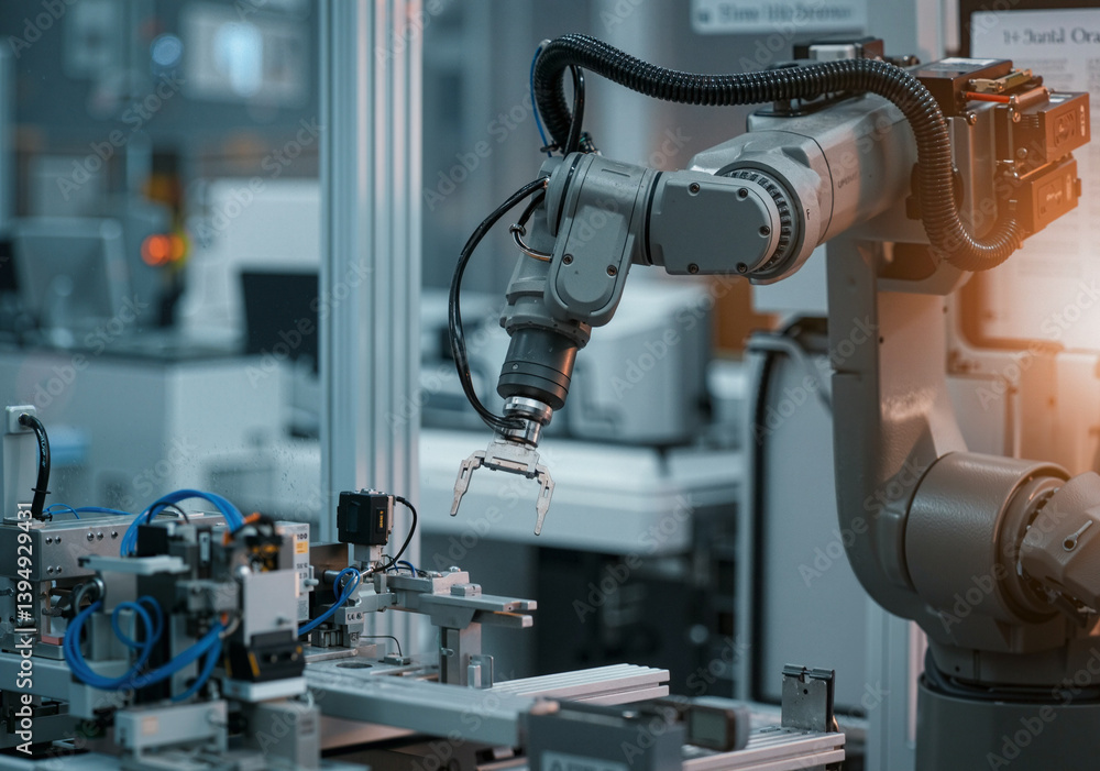Poster modern robotic arm working on production line in high tech factory, performing automated tasks with 