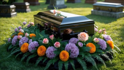 Concept of loss and mourning, a wooden coffin adorned with beautiful floral arrangements prior to the burial or funeral at the cemetery.