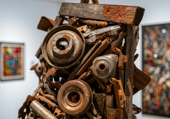 Close up of a contemporary sculpture crafted from rusty metal parts, showcasing the beauty of repurposing industrial waste in an art exhibition setting