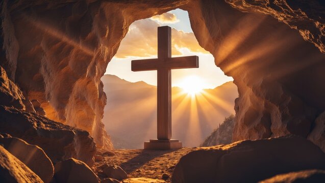 Easter and Good Friday theme, showcasing an empty tomb with a cross atop a mountain at an incredible sunrise. Creative concept. Open cave view at sunset. Generous free space for design.