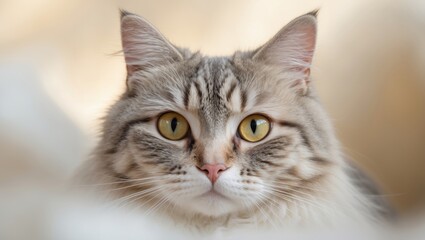 Intense Yellow Eyes and Pink Nose of a Cat in a Close-Up Front View, Showcasing Detailed Fur Texture and a Calm, Curious Expression in a Soft, Intimate Setting