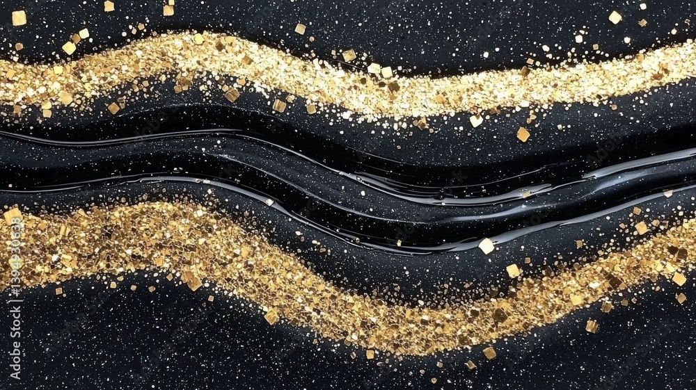 Poster a shimmering abstract design featuring black waves and golden glitter, creating a luxurious and eleg