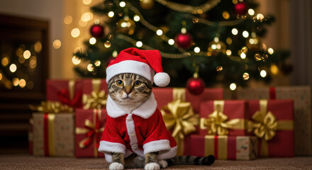 Fototapeta premium Festive Feline: A Christmas Cat in Santa Suit With Gifts & Tree - Purrfect Holiday Cheer!