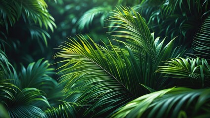 Palm leaves texture in close-up. Background of tropical scenery