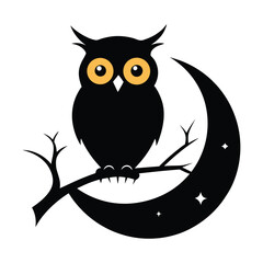 Fototapeta premium Silhouetted Owl On Crescent Moon Branch Under Starry Night Sky