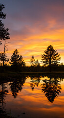 Naklejka premium Trees Silhouetted Against Colorful Sunset Sky Reflected in Lake