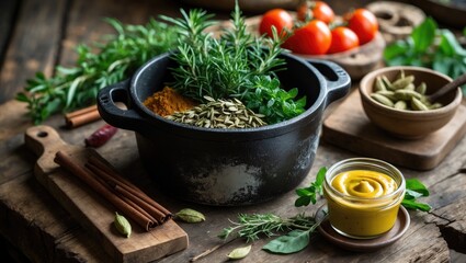 Cast iron cookware accompanied by fresh herbs, spices, and kitchen tools for appetizing cooking on a rustic surface. Healthy nourishment. Homemade meals. Low light. Still life arrangement. Food