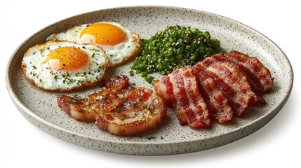 Fried eggs, bacon, and greens breakfast