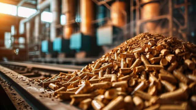 Recording the production process with wood pellets on a conveyor belt, useful for educational materials about industry, environment or business.
