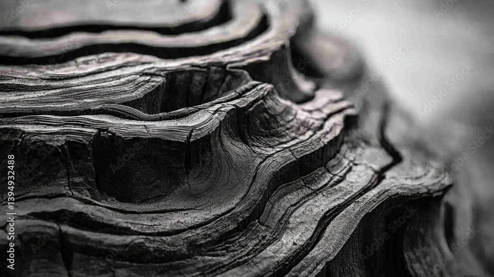 Poster a close-up of textured wood, showcasing intricate layers and natural patterns in a monochromatic ton