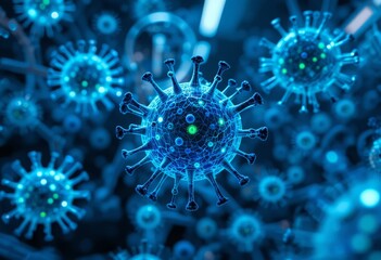 Obraz premium Advanced biotech visualization of viruses and bacteria in electric-blue and bio-green glow with soft lab background Generative AI