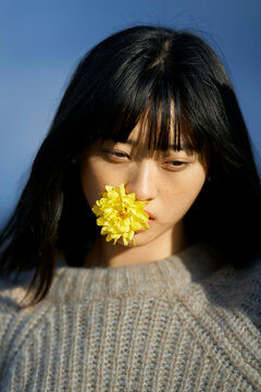 Woman with dark hair holds a yellow flower in her mouth against a blue background. Brandenburg, Germany