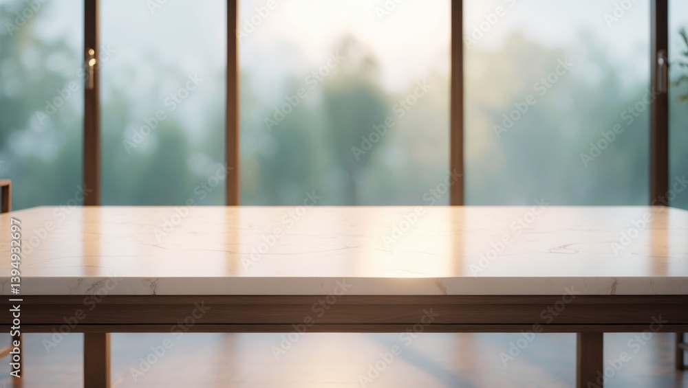 Poster background of an empty wooden table and window room decor, usable for displaying or montaging produc