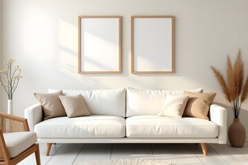 Frame mockup in living room design, two wooden frames, white sofa and rattan armchair