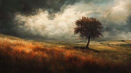 An artistic image of a storm approaching a rural landscape, with dark clouds rolling in over fields and a lone tree braving the gusty winds and impending rain.