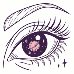 Eye with galaxy theme, featuring stars and planets in the iris