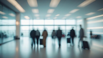 Fototapeta premium Out-of-focus lobby of an office building or hotel with blurred interior view leading to the reception area, contemporary upscale lounge, bright room area featuring a hazy hallway and glass wall of