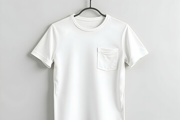 Blank White Crewneck T-shirt with Two Side Pockets on Hanger, Perfect for Customization and Fashion Designs, Studio Shot for E-commerce Display