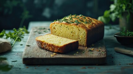 An artistic shot of a loaf of bread with a slice cut out, revealing the soft, airy crumb inside, placed on a rustic wooden board with a few fresh herbs.