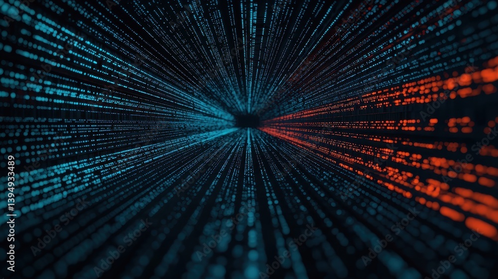 Poster digital data stream with blue and orange code lines creating a futuristic background for technology 