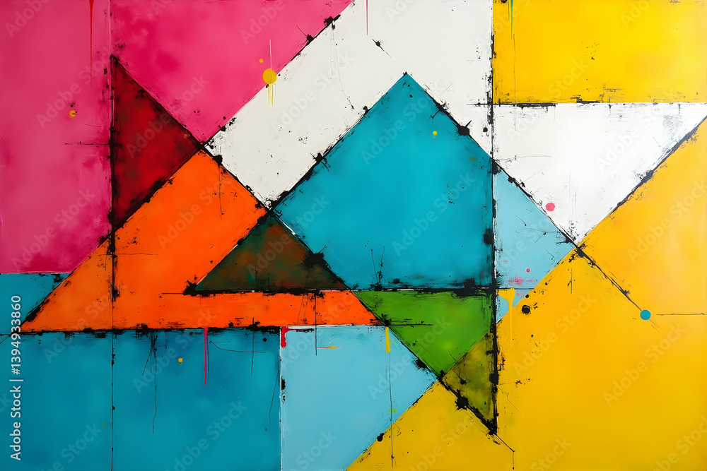 Poster bold geometric symphony, a dynamic abstract composition showcasing a harmonious blend of vibrant col