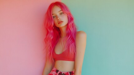A stylish woman with vibrant pink hair posing against a colorful backdrop, radiating confidence and modern flair