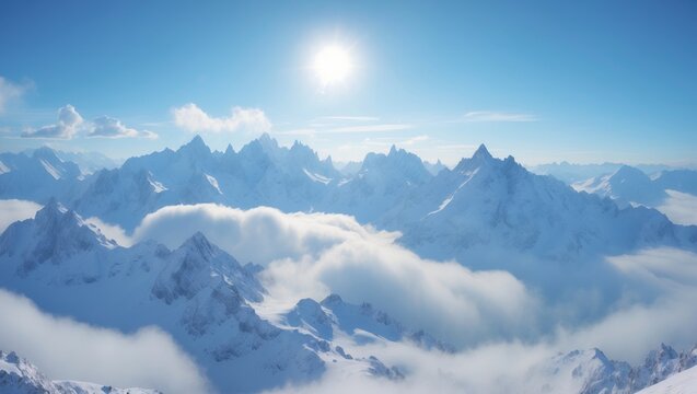 Winter mountain panorama showcasing clouds, luminous sun and expanse