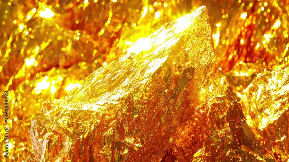Poster a close-up of shimmering golden foil, reflecting light and creating an abstract, luxurious texture w