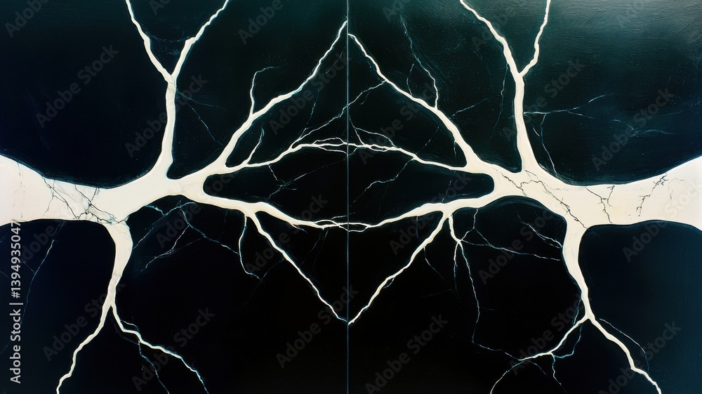 Poster a striking abstract artwork featuring intricate white branches against a deep black background, crea