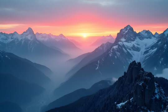 Breathtaking Panoramic Mountain Vista at Dawn, Snow-Capped Peaks Bathed in Warm Sunlight and Misty Valleys Create a Serene and Majestic Landscape