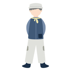 Stylized Young Person in Blue Jacket and Knit Cap, Hands Behind Back.