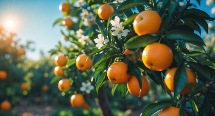 Orange fruits and flowers on trees in an orchard with sunlight shining against the blue sky.